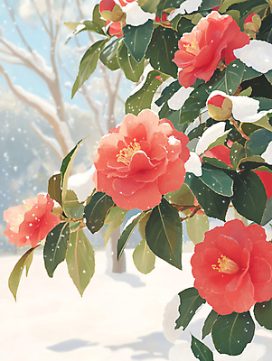 JPG 편집이미지 겨울 나뭇잎 사람없음 빨간색 설원 나뭇가지 눈 감성 동백 동백나무 눈내림 편집실사 AI포토 AI콘텐츠 자연요소 나무 계절 꽃 컬러 컨셉 잎 날씨 눈_날씨 CG 파일형식