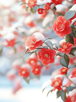 JPG 편집이미지 겨울 자연 나뭇잎 사람없음 아웃포커스 빨간색 설원 나뭇가지 눈 감성 동백 동백나무 편집실사 AI포토 AI콘텐츠 자연요소 나무 계절 꽃 컬러 컨셉 잎 날씨 눈_날씨 촬영기법 CG 생태계 파일형식