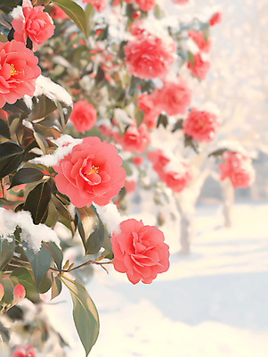 JPG 편집이미지 겨울 자연 나뭇잎 풍경 사람없음 아웃포커스 빨간색 설원 눈 감성 동백 동백나무 편집실사 AI포토 AI콘텐츠 자연요소 나무 계절 꽃 컬러 컨셉 잎 날씨 눈_날씨 촬영기법 CG 생태계 파일형식