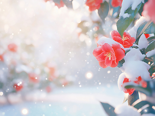 JPG 편집이미지 겨울 자연 나뭇잎 사람없음 아웃포커스 빨간색 설원 감성 동백 동백나무 눈내림 편집실사 AI포토 AI콘텐츠 나무 계절 꽃 컬러 컨셉 잎 눈_날씨 촬영기법 CG 생태계 파일형식