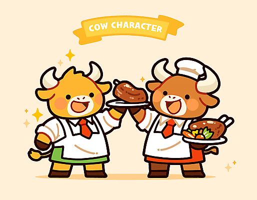 전신 일러스트 뿔 요리사모자 스테이크 요리 서기 웃음 들기 사람없음 반짝임 귀여움 요리사 앞치마 소 서빙 소캐릭터 일러캐릭터 AI파일 직업 캐릭터 모자_잡화 동물캐릭터 컨셉 포유류 모션 서양음식 표정 파일형식 벡터