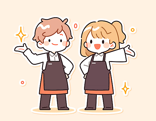 전신 여자 남자 인물캐릭터 허리손 일러스트 서기 미소 웃음 성인 두명 반짝임 귀여움 앞치마 동료 아르바이트 손뻗기 성인만 일러캐릭터 AI파일 캐릭터 포즈 컨셉 관계 모션 표정 사람 파일형식 벡터