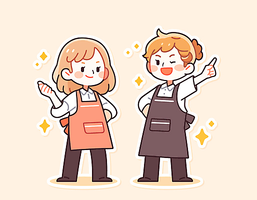 전신 여자 인물캐릭터 허리손 일러스트 서기 미소 웃음 성인 두명 반짝임 귀여움 파이팅 앞치마 가리킴 동료 아르바이트 손뻗기 성인여자만 일러캐릭터 AI파일 캐릭터 포즈 컨셉 관계 모션 표정 사람 손짓 여자만 성인만 파일형식 벡터