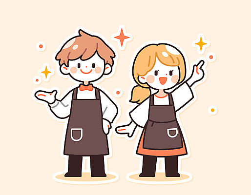전신 여자 남자 인물캐릭터 허리손 일러스트 서기 미소 웃음 성인 두명 반짝임 귀여움 앞치마 가리킴 동료 아르바이트 손뻗기 성인만 일러캐릭터 AI파일 캐릭터 포즈 컨셉 관계 모션 표정 사람 손짓 파일형식 벡터