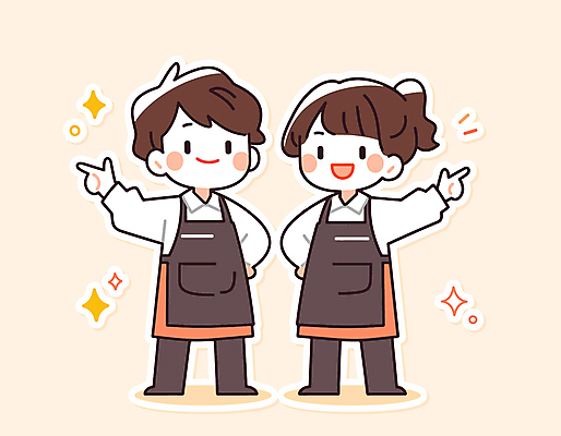 전신 여자 남자 인물캐릭터 허리손 일러스트 서기 웃음 성인 두명 반짝임 귀여움 앞치마 가리킴 동료 아르바이트 손뻗기 성인만 일러캐릭터 AI파일 캐릭터 포즈 컨셉 관계 모션 표정 사람 손짓 파일형식 벡터