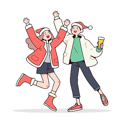 전신 커플 여자 남자 인물캐릭터 겨울 일러스트 산타모자 맥주 들기 성인 두명 파티 점프 만세 즐거움 맥주잔 홀리데이 성인만 일러캐릭터 AI파일 캐릭터 모자_잡화 계절 감정 크리스마스 술잔 관계 모션 휴가 주류 사람 이벤트 파일형식 벡터