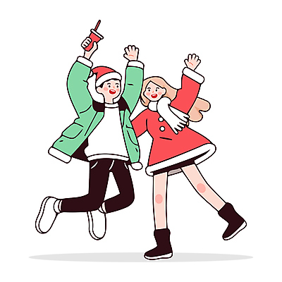 전신 커플 여자 남자 인물캐릭터 겨울 일러스트 산타모자 성인 두명 빨간색 초록색 파티 점프 만세 즐거움 음료수컵 홀리데이 성인만 일러캐릭터 AI파일 캐릭터 모자_잡화 계절 감정 컬러 크리스마스 관계 모션 휴가 사람 이벤트 컵 파일형식 벡터