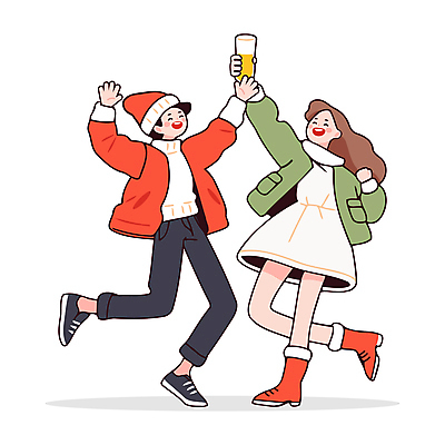 전신 커플 여자 남자 인물캐릭터 겨울 일러스트 산타모자 맥주 들기 성인 두명 빨간색 파티 점프 만세 즐거움 맥주잔 홀리데이 성인만 일러캐릭터 AI파일 캐릭터 모자_잡화 계절 감정 컬러 크리스마스 술잔 관계 모션 휴가 주류 사람 이벤트 파일형식 벡터