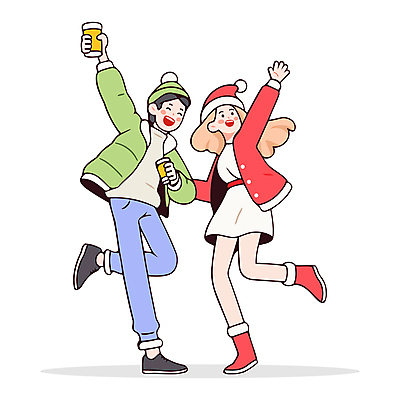전신 커플 여자 남자 인물캐릭터 겨울 일러스트 산타모자 맥주 성인 두명 빨간색 초록색 파티 손들기 점프 즐거움 맥주잔 홀리데이 성인만 일러캐릭터 AI파일 캐릭터 모자_잡화 계절 감정 컬러 크리스마스 술잔 관계 모션 휴가 주류 사람 이벤트 파일형식 벡터