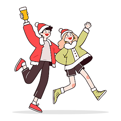 전신 커플 여자 남자 인물캐릭터 겨울 일러스트 산타모자 맥주 성인 두명 파티 손들기 점프 즐거움 홀리데이 성인만 일러캐릭터 AI파일 캐릭터 모자_잡화 계절 감정 크리스마스 관계 모션 휴가 주류 사람 이벤트 파일형식 벡터