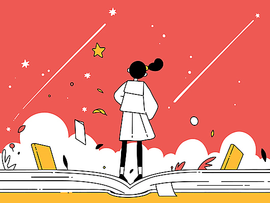 전신 구름 여자 별 어린이 일러스트 상상 한명 서기 소녀 책 노란색 유성 다홍색 소녀한명만 국내일러스트 AI파일 자연요소 1 컬러 모션 사람 여자한명만 소녀만 파일형식 벡터