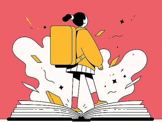 전신 여자 어린이 가방 일러스트 상상 한명 서기 소녀 책 독서 노란색 다홍색 소녀한명만 국내일러스트 AI파일 1 잡화 컬러 모션 사람 여자한명만 소녀만 파일형식 벡터