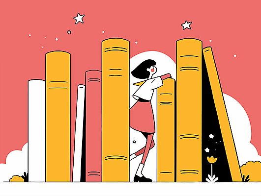 전신 여자 꽃 별 어린이 일러스트 한명 서기 소녀 책 노란색 꿈 다홍색 소녀한명만 국내일러스트 AI파일 자연요소 식물 1 컬러 모션 사람 여자한명만 소녀만 파일형식 벡터