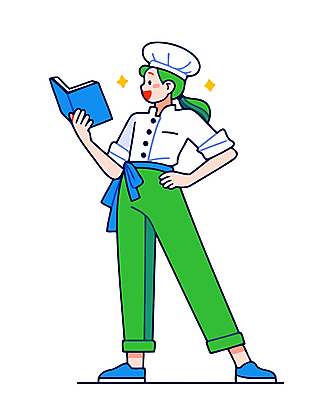 전신 여자 인물캐릭터 허리손 일러스트 직업캐릭터 요리사모자 한명 서기 미소 들기 성인 초록색 파란색 요리사 자신감 조리복 다리벌리기 읽기 요리책 성인여자한명만 일러캐릭터 AI파일 직업 캐릭터 모자_잡화 1 감정 컬러 포즈 유니폼 모션 표정 사람 책 여자한명만 성인여자만 파일형식 벡터