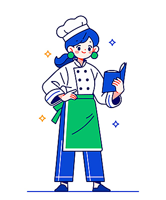 전신 여자 인물캐릭터 허리손 일러스트 직업캐릭터 요리사모자 한명 서기 미소 들기 성인 초록색 파란색 요리사 자신감 조리복 읽기 요리책 성인여자한명만 일러캐릭터 AI파일 직업 캐릭터 모자_잡화 1 감정 컬러 포즈 유니폼 모션 표정 사람 책 여자한명만 성인여자만 파일형식 벡터