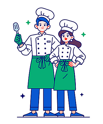 전신 여자 남자 인물캐릭터 허리손 일러스트 주방용품 직업캐릭터 요리사모자 서기 미소 들기 성인 두명 초록색 파란색 요리사 앞치마 자신감 조리복 성인만 일러캐릭터 AI파일 직업 캐릭터 모자_잡화 감정 컬러 포즈 생활용품 유니폼 모션 표정 사람 파일형식 벡터