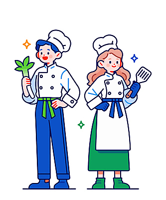 전신 여자 남자 인물캐릭터 채소 일러스트 주방용품 직업캐릭터 요리사모자 서기 미소 성인 두명 초록색 파란색 요리사 자신감 조리복 성인만 일러캐릭터 AI파일 직업 캐릭터 모자_잡화 감정 컬러 생활용품 유니폼 모션 표정 사람 파일형식 벡터