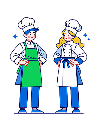 전신 여자 남자 인물캐릭터 허리손 일러스트 직업캐릭터 요리사모자 서기 미소 성인 두명 반짝임 요리사 앞치마 자신감 조리복 성인만 일러캐릭터 AI파일 직업 캐릭터 모자_잡화 감정 포즈 유니폼 모션 표정 사람 파일형식 벡터