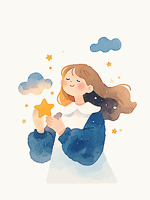 JPG 구름 여자 별 어린이 일러스트 수채화 한명 미소 들기 소녀 상반신 파란색 눈감음 희망 에너지 긍정 번짐 소녀한명만 국내일러스트 AI일러스트 AI콘텐츠 자연요소 1 감정 컬러 컨셉 모션 표정 사람 여자한명만 소녀만 파일형식 효과