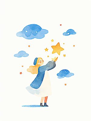 JPG 전신 구름 여자 별 어린이 일러스트 수채화 한명 소녀 파란색 손들기 희망 에너지 긍정 번짐 소녀한명만 국내일러스트 AI일러스트 AI콘텐츠 자연요소 1 감정 컬러 컨셉 모션 사람 여자한명만 소녀만 파일형식 효과