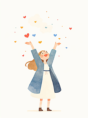 JPG 전신 여자 어린이 일러스트 수채화 한명 서기 웃음 소녀 희망 만세 에너지 하트 긍정 번짐 소녀한명만 국내일러스트 AI일러스트 AI콘텐츠 모양 1 감정 컨셉 모션 표정 사람 여자한명만 소녀만 파일형식 효과