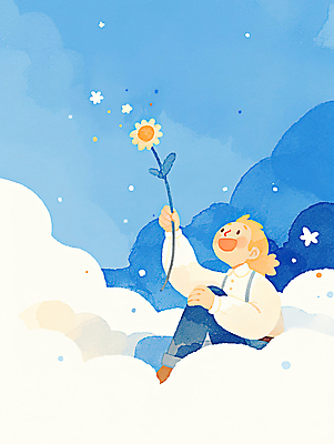 JPG 구름 남자 꽃 어린이 일러스트 수채화 한명 웃음 들기 앉기 소년 파란색 희망 에너지 긍정 번짐 소년한명만 국내일러스트 AI일러스트 AI콘텐츠 자연요소 식물 1 감정 컬러 컨셉 모션 표정 사람 남자한명만 소년만 파일형식 효과