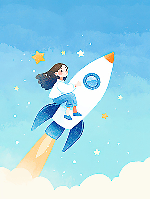 JPG 전신 구름 여자 별 어린이 일러스트 하늘 수채화 한명 미소 소녀 파란색 희망 에너지 로켓 승차 긍정 번짐 소녀한명만 국내일러스트 AI일러스트 AI콘텐츠 자연요소 1 감정 컬러 컨셉 모션 표정 사람 여자한명만 소녀만 파일형식 효과