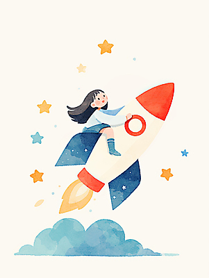 JPG 전신 구름 여자 별 어린이 일러스트 수채화 한명 웃음 소녀 희망 에너지 로켓 승차 긍정 번짐 소녀한명만 국내일러스트 AI일러스트 AI콘텐츠 자연요소 1 감정 컨셉 모션 표정 사람 여자한명만 소녀만 파일형식 효과