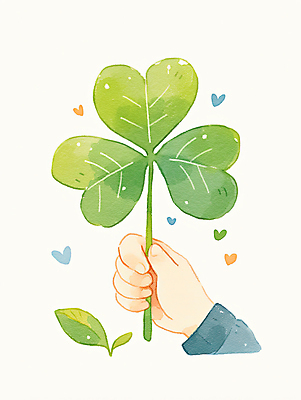 JPG 손 잎 일러스트 수채화 웃음 들기 신체부위 초록색 희망 에너지 하트 잡기 클로버 긍정 번짐 국내일러스트 AI일러스트 AI콘텐츠 모양 식물 감정 컬러 컨셉 모션 표정 사람 파일형식 효과