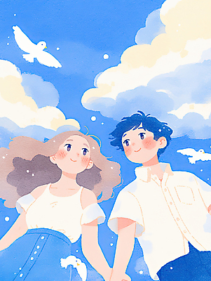 JPG 구름 커플 여자 남자 어린이 일러스트 하늘 수채화 미소 소녀 소년 두명 파란색 손잡기 희망 에너지 비둘기 긍정 번짐 어린이만 국내일러스트 AI일러스트 AI콘텐츠 자연요소 감정 컬러 컨셉 관계 모션 조류 표정 사람 파일형식 효과