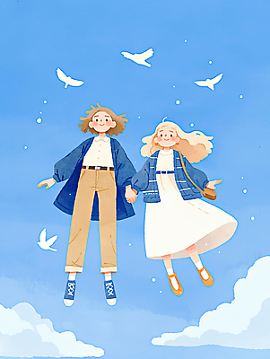 JPG 전신 구름 여자 남자 어린이 일러스트 하늘 수채화 미소 소녀 소년 두명 파란색 손잡기 희망 에너지 비행 비둘기 긍정 번짐 어린이만 국내일러스트 AI일러스트 AI콘텐츠 자연요소 감정 컬러 컨셉 모션 조류 표정 사람 파일형식 효과