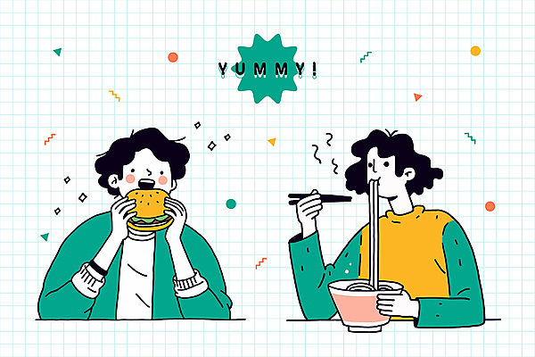 도형 그릇 남자 음식 인물캐릭터 스티커 일러스트 젓가락 들기 상반신 성인 두명 초록색 반짝임 햄버거 수증기 먹기 국수 성인남자만 일러캐릭터 AI파일 캐릭터 식기 컬러 모션 패스트푸드 수저 사람 면류 남자만 성인만 파일형식 벡터