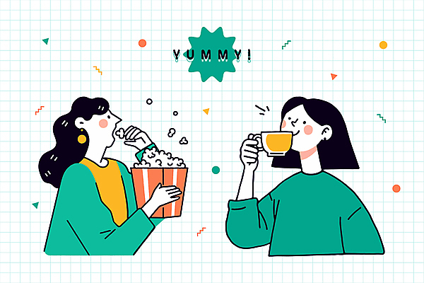 도형 여자 음식 인물캐릭터 스티커 일러스트 들기 상반신 성인 두명 컵 초록색 마시기 먹기 팝콘 성인여자만 일러캐릭터 AI파일 캐릭터 식기 컬러 모션 사람 여자만 성인만 파일형식 벡터