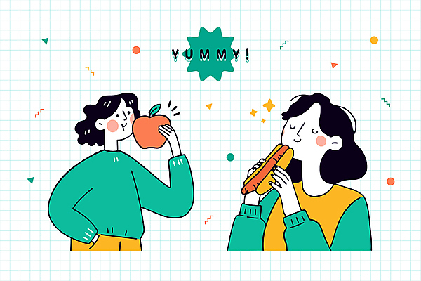 도형 여자 음식 인물캐릭터 스티커 일러스트 들기 상반신 성인 두명 초록색 사과 먹기 주머니손 핫도그 성인여자만 일러캐릭터 AI파일 캐릭터 컬러 과일 모션 패스트푸드 사람 여자만 성인만 파일형식 벡터