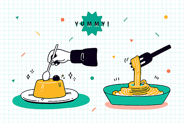 도형 그릇 손 음식 포크 스티커 일러스트 파스타 들기 신체부위 초록색 숟가락 푸딩 국내일러스트 AI파일 식기 컬러 모션 디저트 서양음식 수저 사람 파일형식 벡터