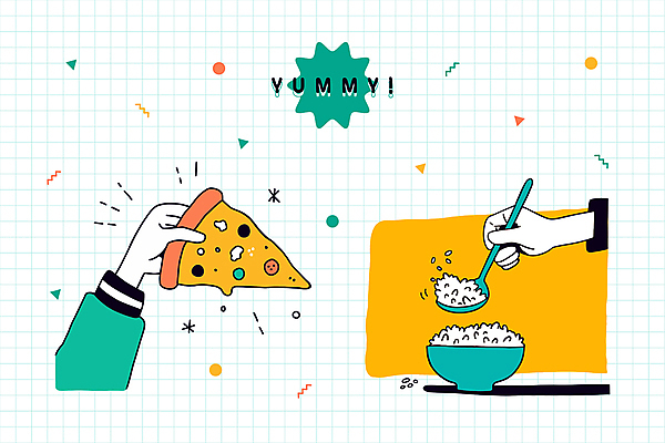 도형 손 음식 스티커 일러스트 밥 피자 들기 신체부위 초록색 숟가락 밥그릇 국내일러스트 AI파일 그릇 컬러 모션 패스트푸드 서양음식 수저 사람 파일형식 벡터