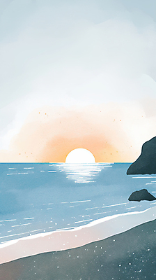 JPG 바다 섬 일러스트 하늘 풍경 사람없음 물 햇빛 태양 반사 일출 바위 국내일러스트 AI일러스트 AI콘텐츠 자연요소 노을 돌_바위 파일형식