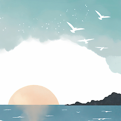 JPG 바다 섬 일러스트 갈매기 하늘 풍경 사람없음 햇빛 태양 반사 일출 암초 국내일러스트 AI일러스트 AI콘텐츠 자연요소 조류 노을 파일형식
