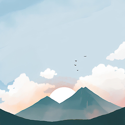JPG 구름 일러스트 조류 하늘 산 풍경 사람없음 햇빛 태양 일출 국내일러스트 AI일러스트 AI콘텐츠 자연요소 동물 노을 파일형식