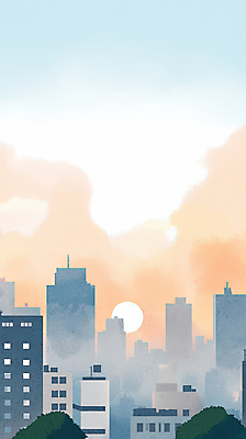 JPG 식물 일러스트 하늘 풍경 사람없음 건물 햇빛 태양 일출 도시 국내일러스트 AI일러스트 AI콘텐츠 자연요소 건축물 노을 파일형식