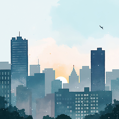 JPG 식물 일러스트 조류 하늘 풍경 사람없음 건물 햇빛 태양 일출 도시 국내일러스트 AI일러스트 AI콘텐츠 자연요소 동물 건축물 노을 파일형식