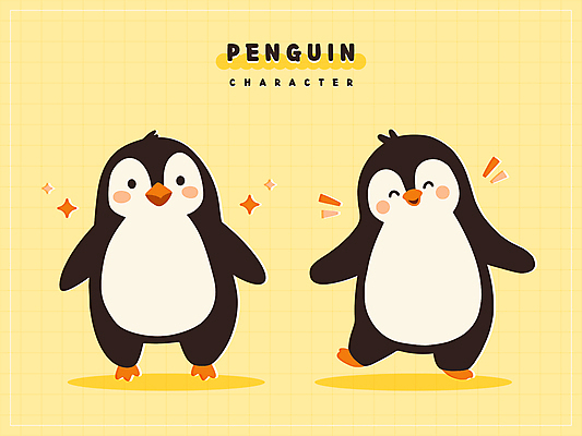스티커 일러스트 서기 웃음 사람없음 반짝임 노란색 펭귄 펭귄캐릭터 일러캐릭터 AI파일 캐릭터 컬러 동물캐릭터 모션 조류 표정 파일형식 벡터