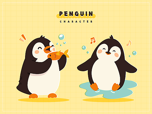 스티커 음표 일러스트 어류 웃음 들기 사람없음 노란색 물방울 펭귄 웅덩이 펭귄캐릭터 일러캐릭터 AI파일 캐릭터 기호 음악 컬러 동물캐릭터 모션 조류 표정 수중동물 파일형식 벡터