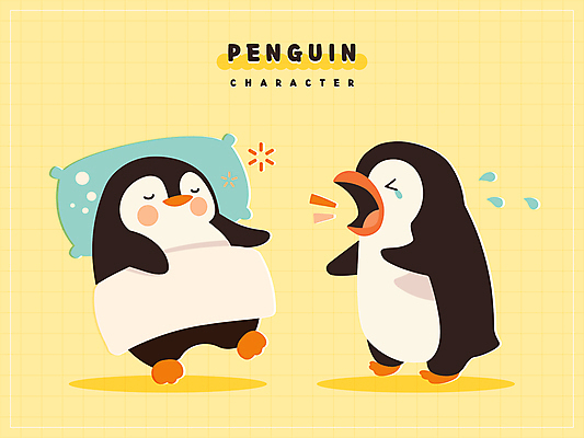 스티커 일러스트 베개 사람없음 노란색 이불 잠 울음 눈물 펭귄 땀 펭귄캐릭터 일러캐릭터 AI파일 캐릭터 감정 컬러 동물캐릭터 침구 조류 표정 파일형식 벡터