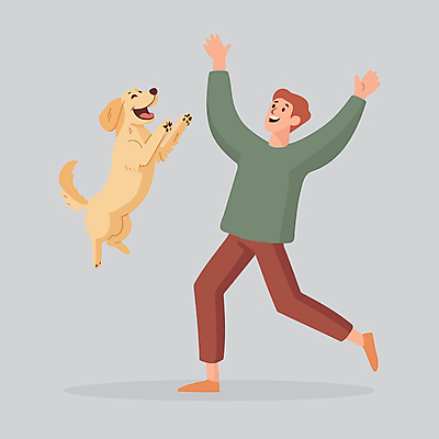 전신 한마리 남자 행복 반려견 일러스트 놀이 한명 웃음 성인 점프 만세 강아지 즐거움 성인남자한명만 국내일러스트 AI파일 1 감정 모션 표정 사람 반려동물 개 남자한명만 성인남자만 파일형식 벡터