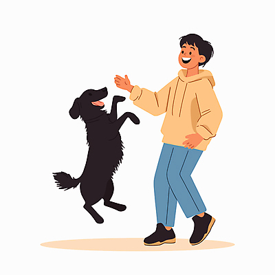 전신 한마리 남자 행복 반려견 일러스트 놀이 한명 웃음 성인 점프 강아지 즐거움 성인남자한명만 국내일러스트 AI파일 1 감정 모션 표정 사람 반려동물 개 남자한명만 성인남자만 파일형식 벡터