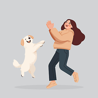 전신 한마리 여자 행복 반려견 일러스트 놀이 한명 웃음 성인 점프 강아지 박수 즐거움 성인여자한명만 국내일러스트 AI파일 1 감정 모션 표정 사람 손짓 반려동물 개 여자한명만 성인여자만 파일형식 벡터