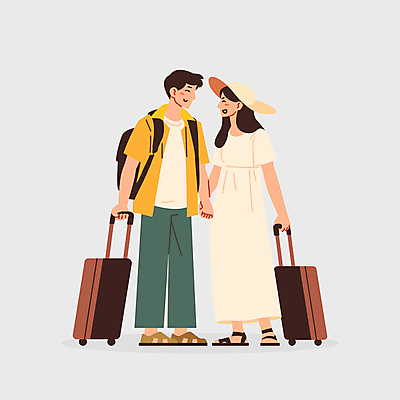 전신 모자 커플 여자 남자 여행 가방 일러스트 웃음 성인 두명 여름 마주보기 캐리어 손잡기 성인만 국내일러스트 AI파일 잡화 계절 관계 모션 표정 사람 여행가방 파일형식 벡터