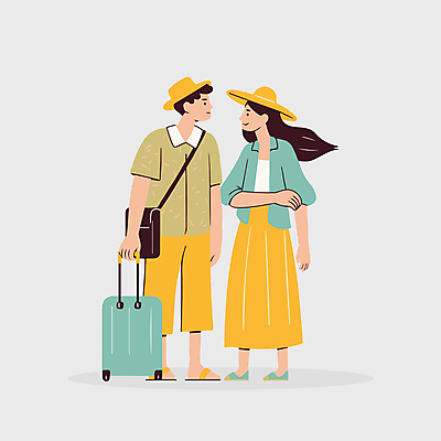 전신 모자 커플 여자 남자 여행 가방 일러스트 미소 성인 두명 여름 마주보기 캐리어 성인만 국내일러스트 AI파일 잡화 계절 관계 모션 표정 사람 여행가방 파일형식 벡터