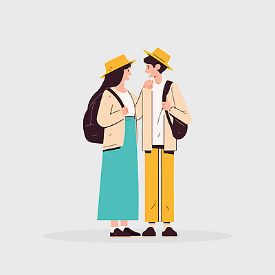 전신 모자 커플 여자 남자 여행 허리손 가방 일러스트 성인 두명 여름 성인만 어깨에손 국내일러스트 AI파일 잡화 계절 포즈 관계 모션 사람 파일형식 벡터